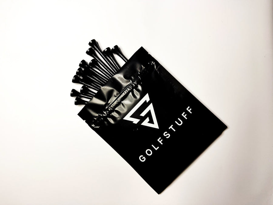 Twenty matte black tour tees in a resealable Golfstuff pouch